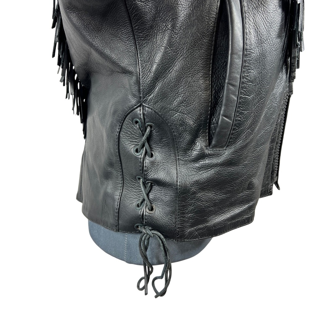 UNIK Leather Fringe Biker Jacket Small Black Purple Rose Inlay Motorcycle Goth - Picture 7 of 15